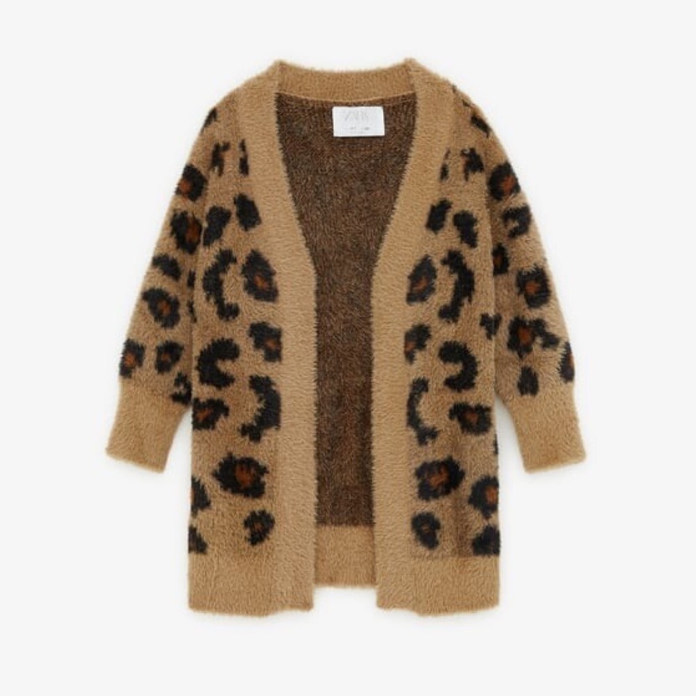 Zara Brown Faux Fur Cardigan Sweater 13-14 Leopard Print Soft Cozy Open Front